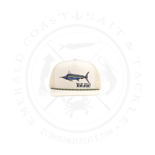 Bajio Black Marlin Flat Brim Twill Trucker Hat