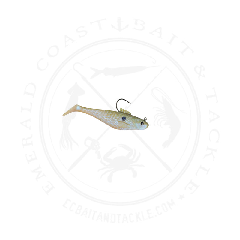 Load image into Gallery viewer, Berkley PowerBait Pre-Rigged Swim Shad 2in/5cm 1/8oz 5ct Pearl Red Eye
