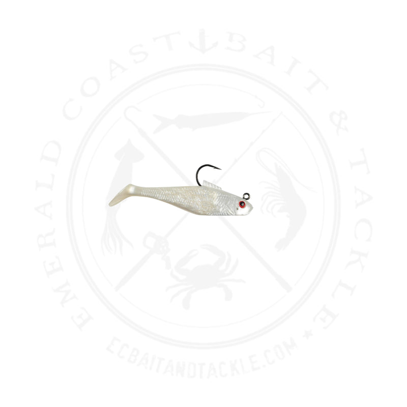 Load image into Gallery viewer, Berkley PowerBait Pre-Rigged Swim Shad 2in/5cm 1/8oz 5ct Pearl Red Eye
